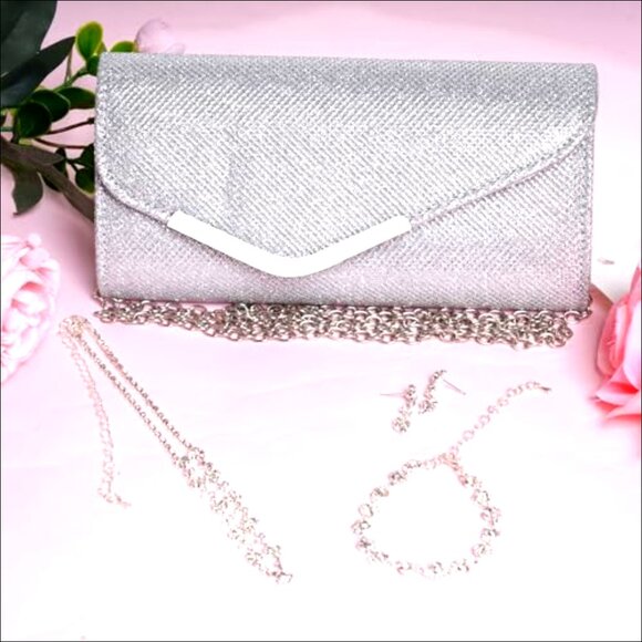 Silver Rhinestone Jewelry Set with Clutch Purse for Evening Party Wedding - Picture 5 of 7